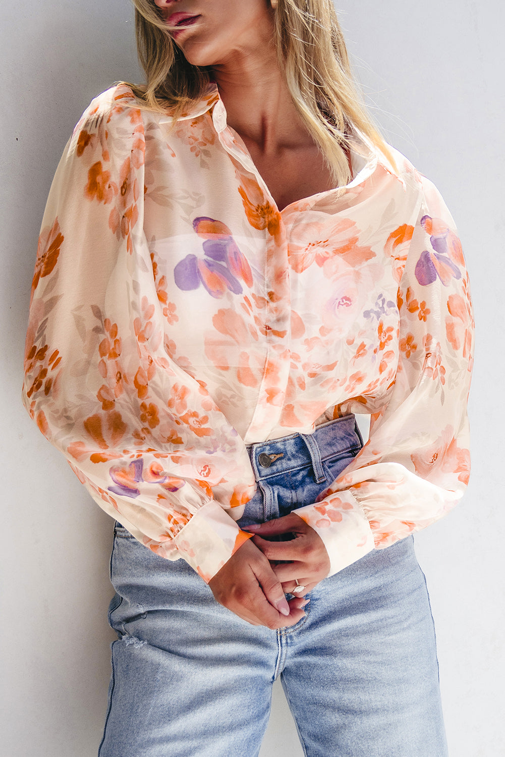 White Floral Print Sleeve Loose Shirt