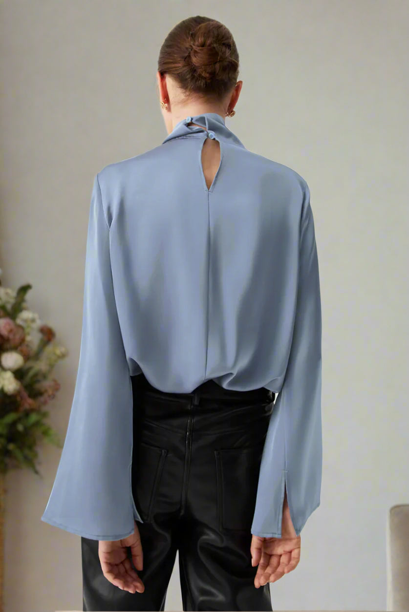 Asymmetric Turtleneck Long Sleeve Blouse - back side close view