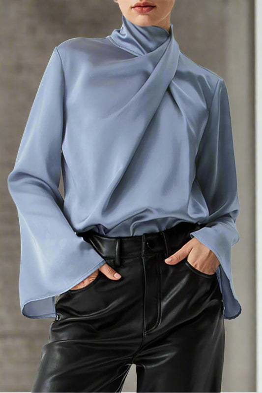 Asymmetric Turtleneck Long Sleeve Blouse = front close view