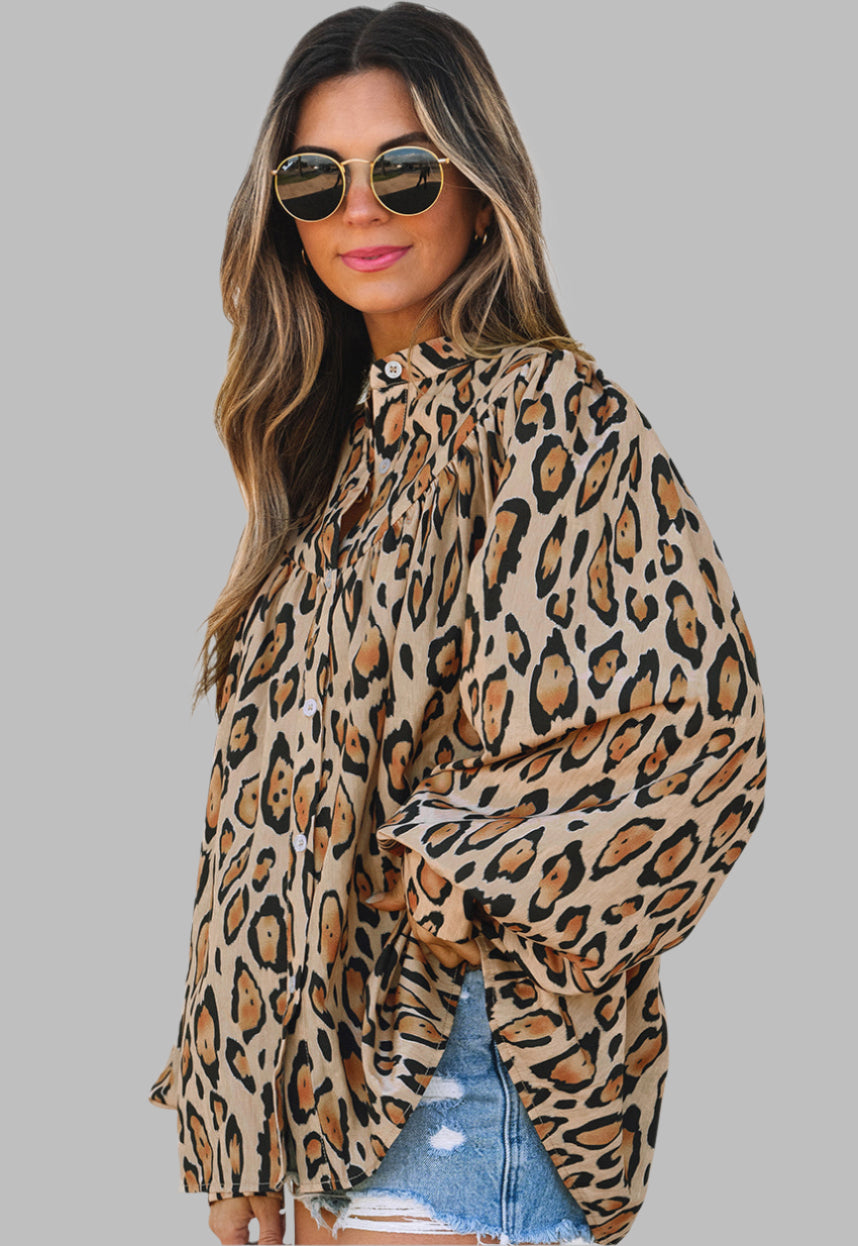 Beige Oversized Leopard Print Casual Shirt, Woman model, left side view