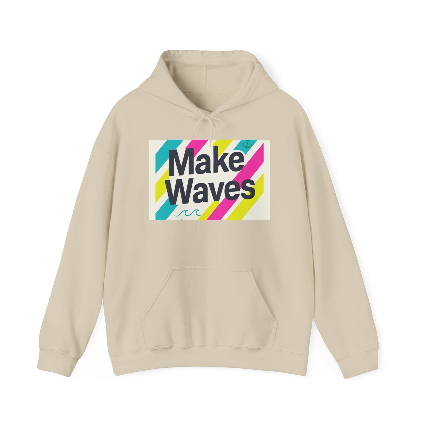 Beige hoodie with 'Make Waves' graphic on a white background