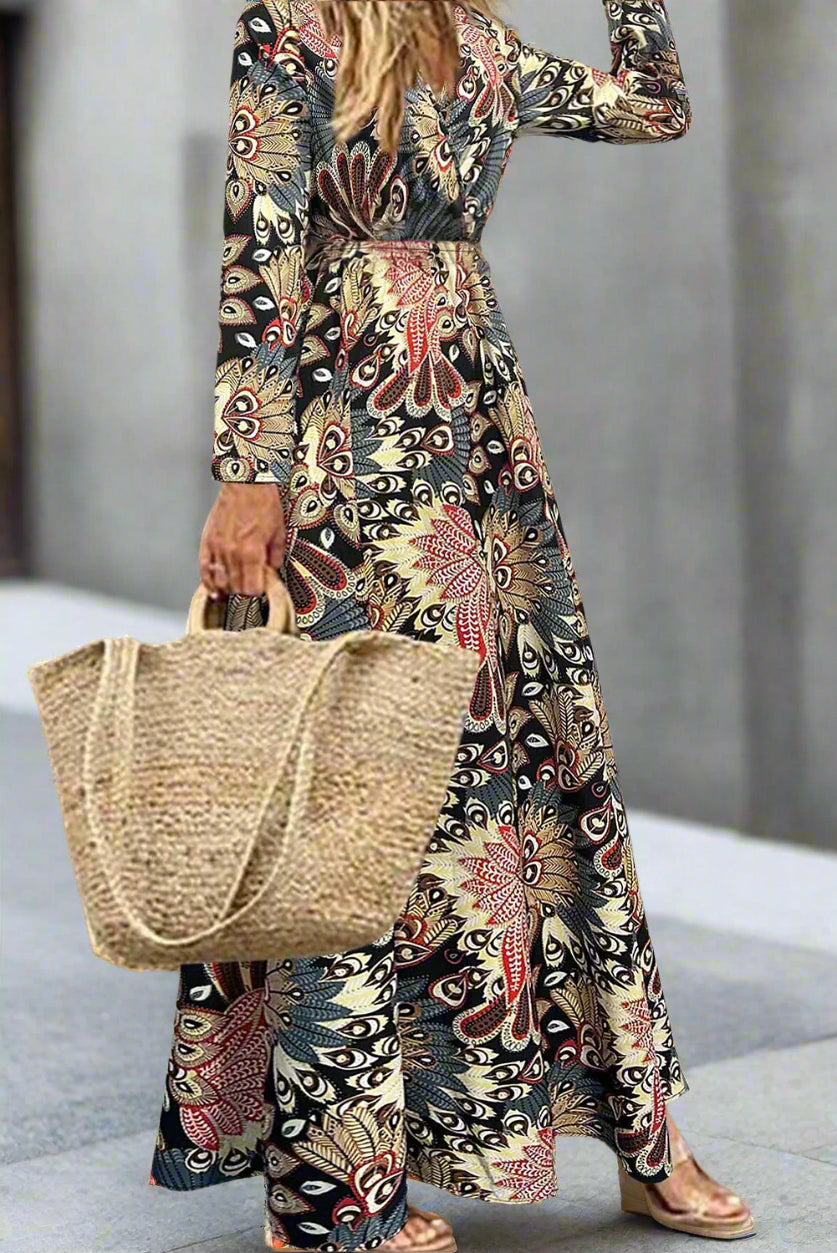 Black Floral Print V Neck Wrap High Waist Maxi Dress, woman no face shown , caring bag in right had