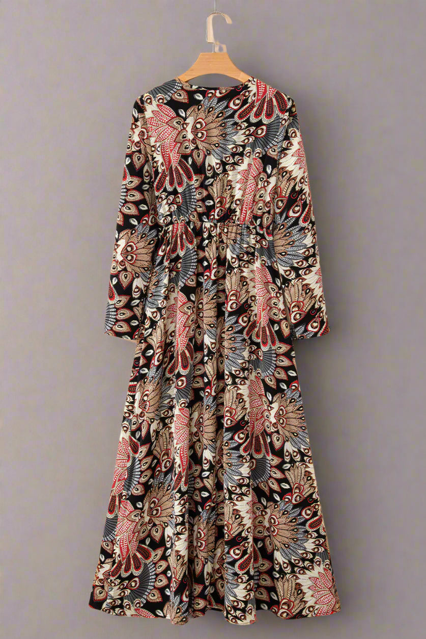 Black Floral Print V Neck Wrap High Waist Maxi Dress, no model, front view on hanger