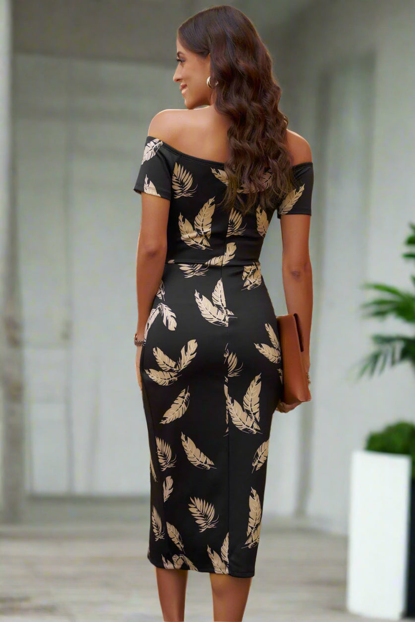Black Pattern Print Off Shoulder Slit Bodycon Midi Dress, woman in dress  back side shows