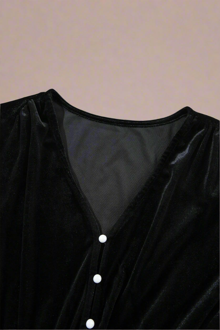 Black Velvet Buttoned Puff Sleeve V Neck Split Midi Dress, front neck part showcase,