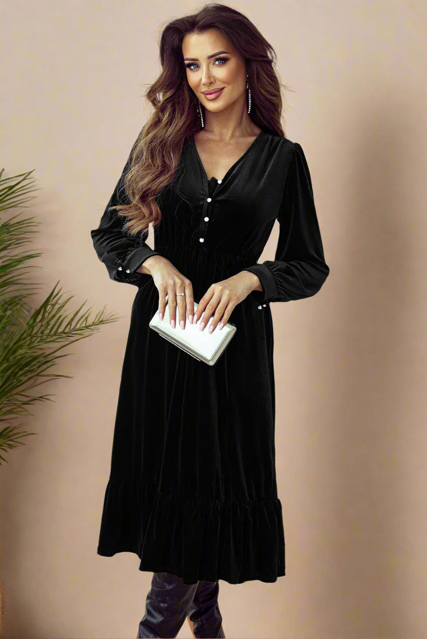 Black Velvet Buttoned Puff Sleeve V Neck Split Midi Dress, neck part showcase, black heear woman model front  dress showcase