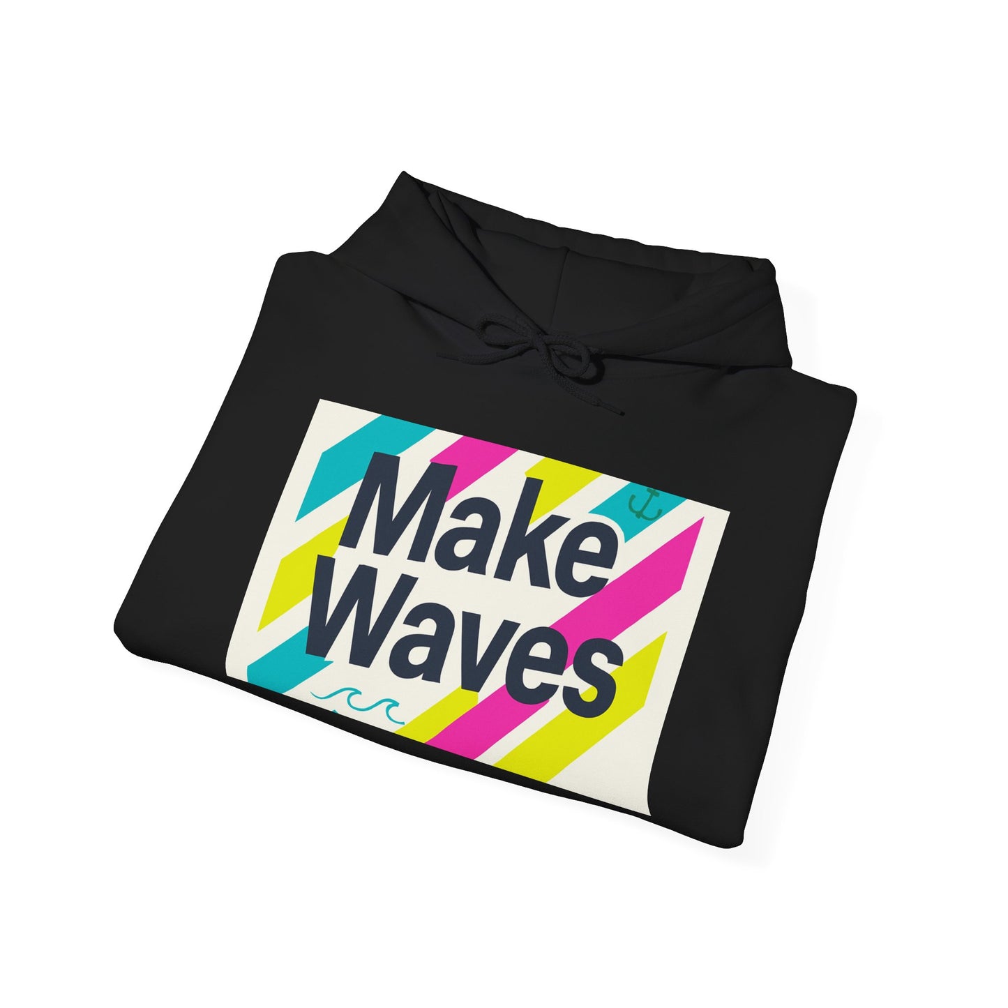 Black hoodie with 'Make Waves' graphic on a white background