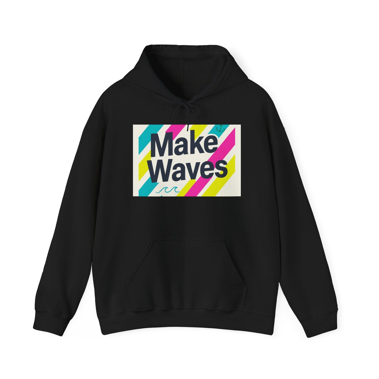 Black hoodie with 'Make Waves' colorful graphic on a white background