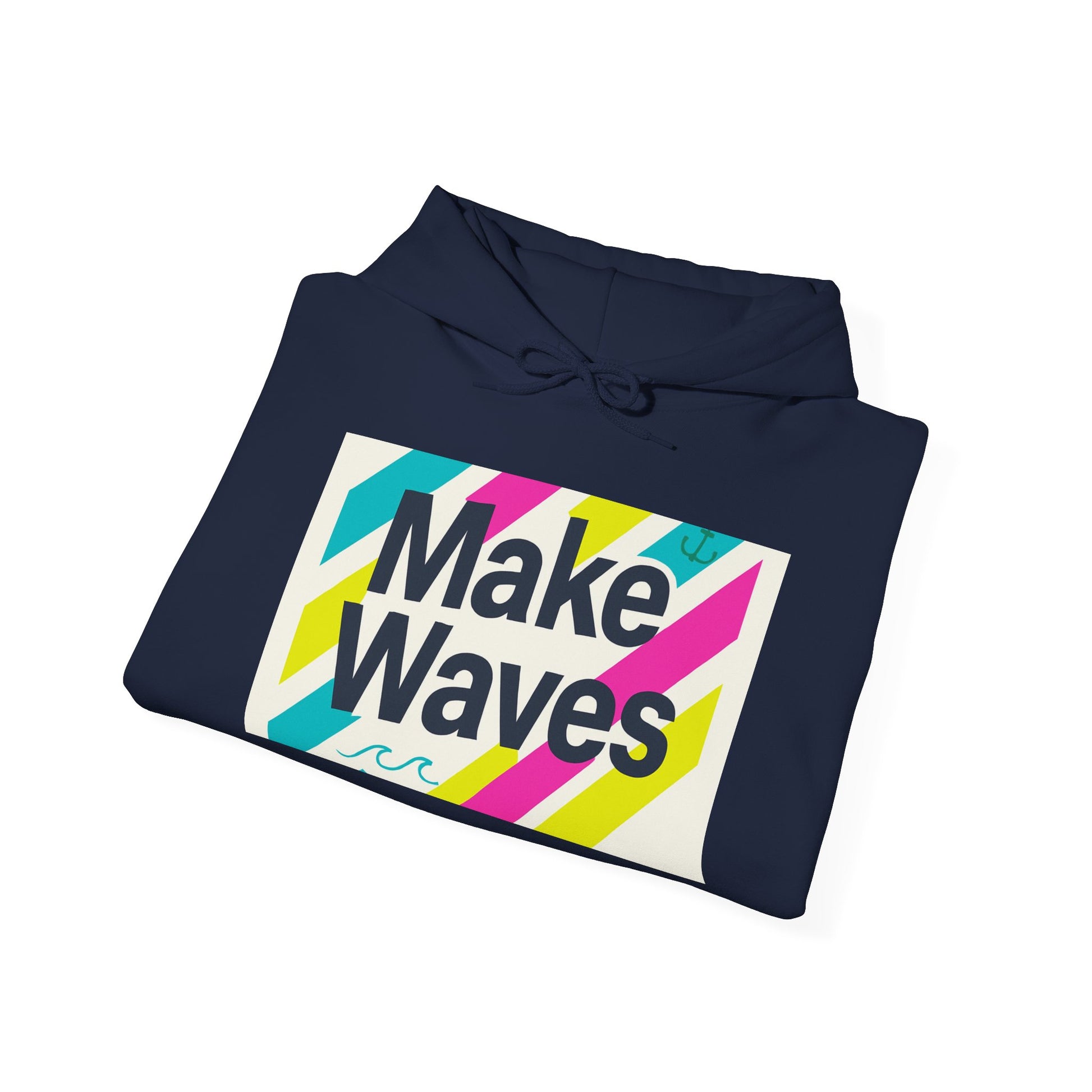Folded navy blue hoodie with 'Make Waves' graphic on a white background