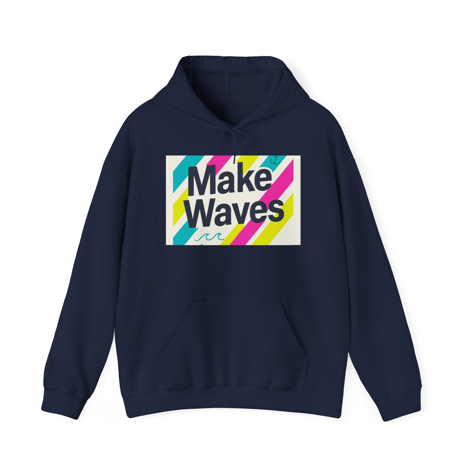 Navy blue hoodie with 'Make Waves' graphic on a white background