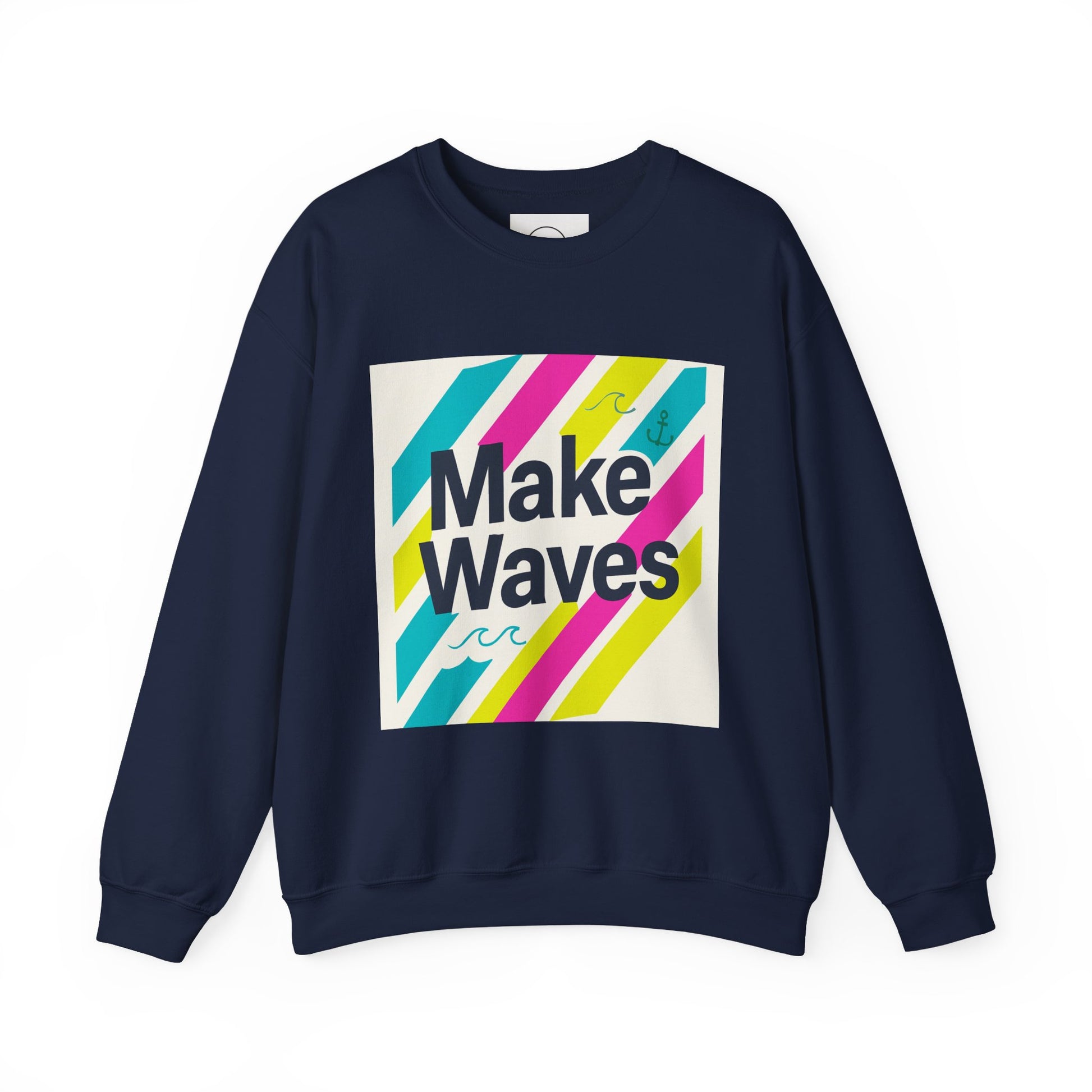 Navy blue sweatshirt with colorful 'Make Waves' graphic on a white background