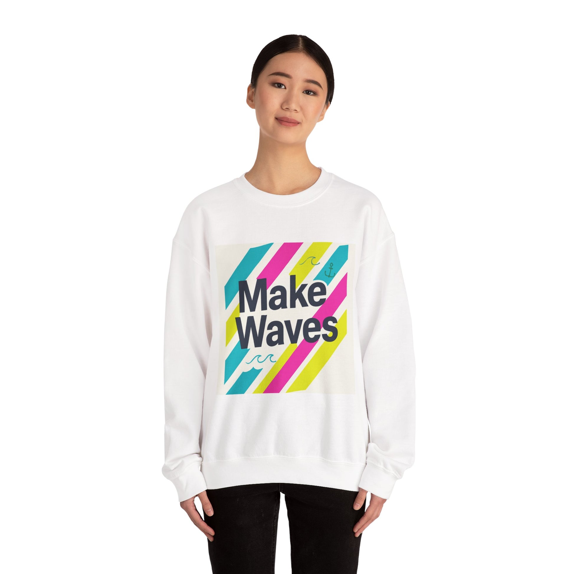 Person wearing a white sweatshirt with 'Make Waves' design on a white background