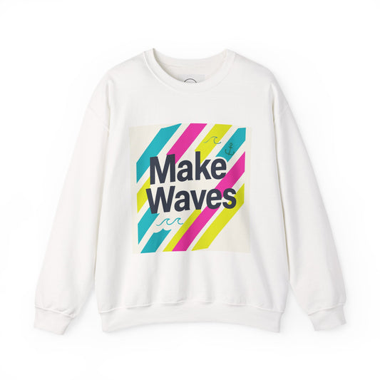 White sweatshirt with colorful 'Make Waves' text design on a white background