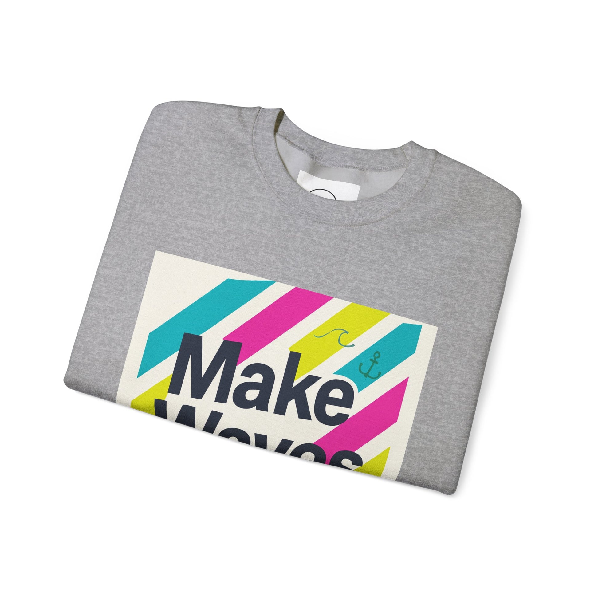 Folded gray sweatshirt with colorful 'Make Waves' graphic on a white background