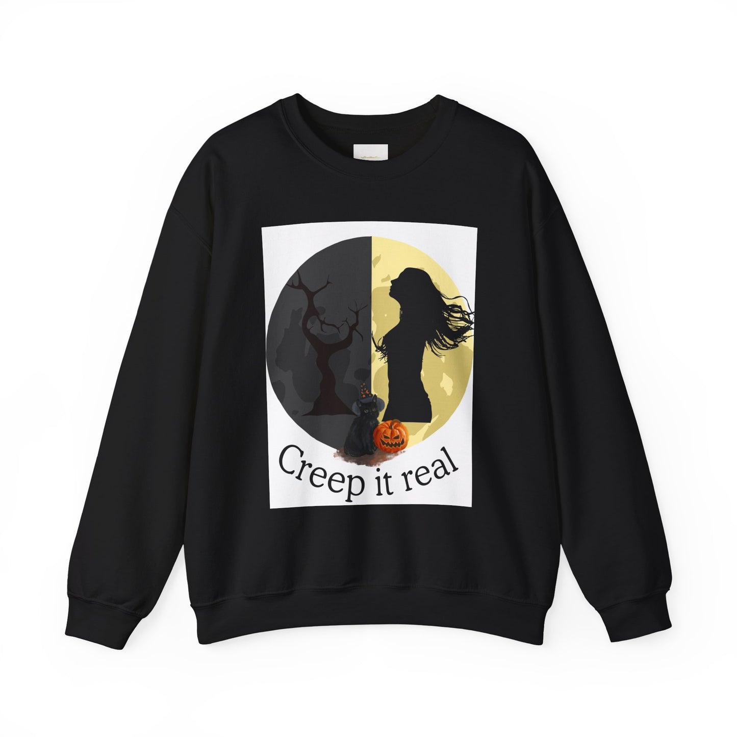 Black sweatshirt with Halloween-themed graphic and 'Creep it real' text on a white background