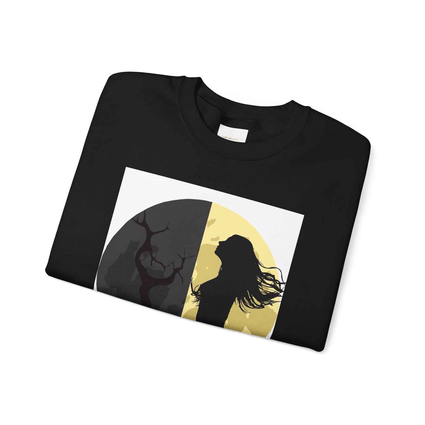 Black sweatshirt with a silhouette design of a woman and deer on a white background