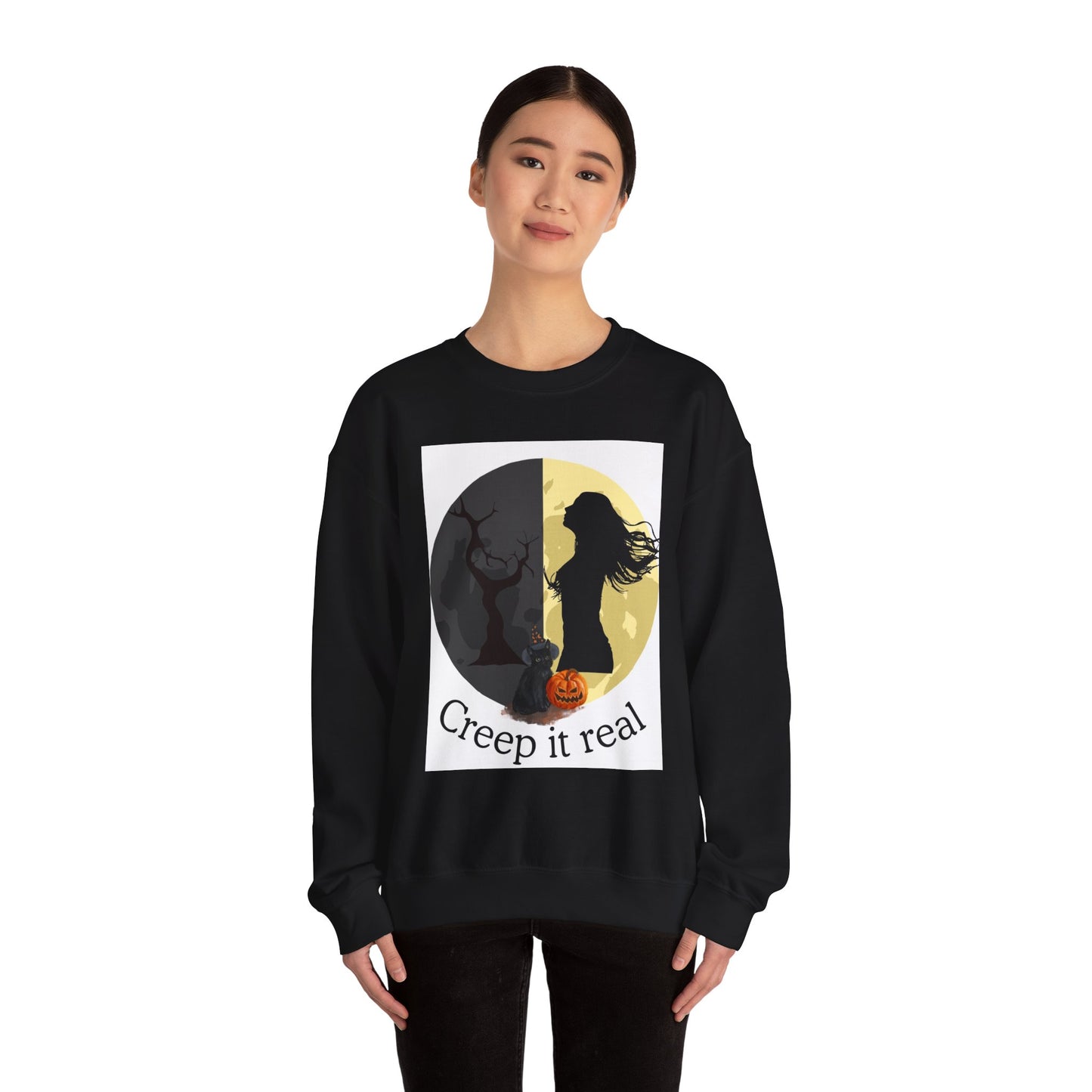 Black sweatshirt with Halloween-themed graphic and text on a white background