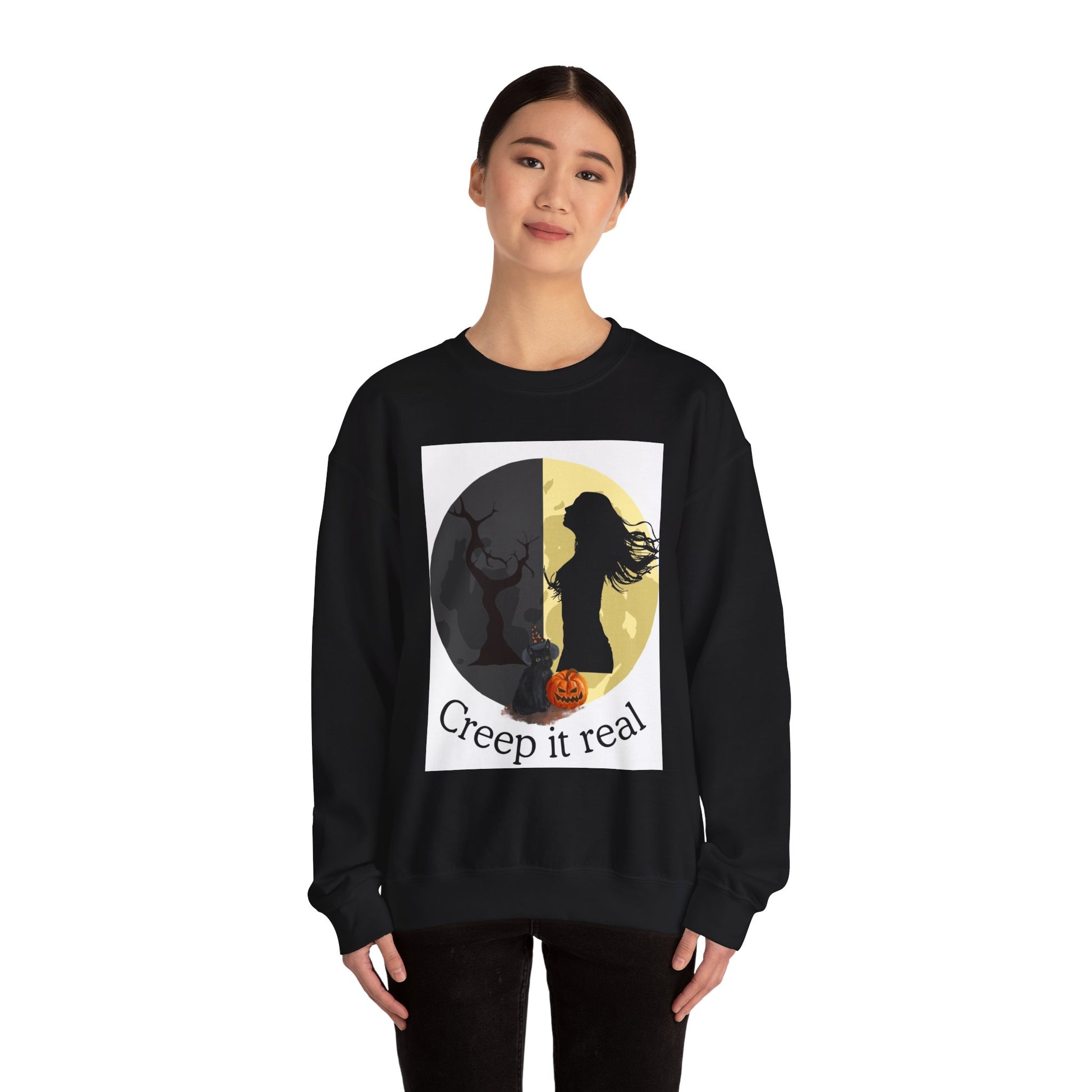 Black sweatshirt with Halloween-themed graphic and text on a white background