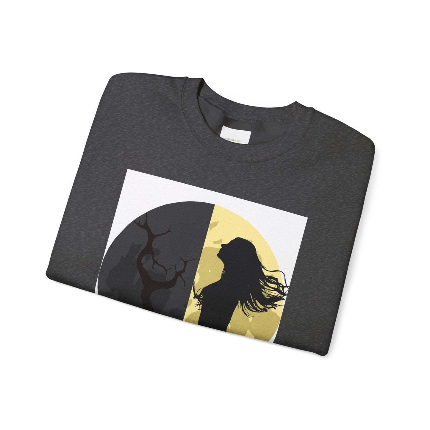 Dark gray sweatshirt with a graphic design of a silhouette of a woman and deer on a white background