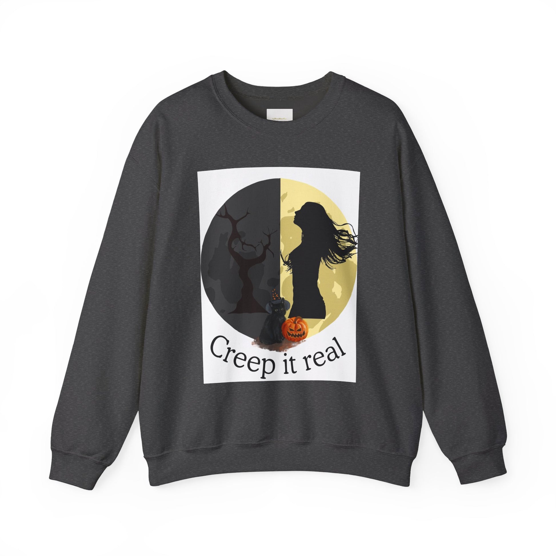 Dark gray sweatshirt with Halloween-themed graphic and text 'Creep it real' on a white background