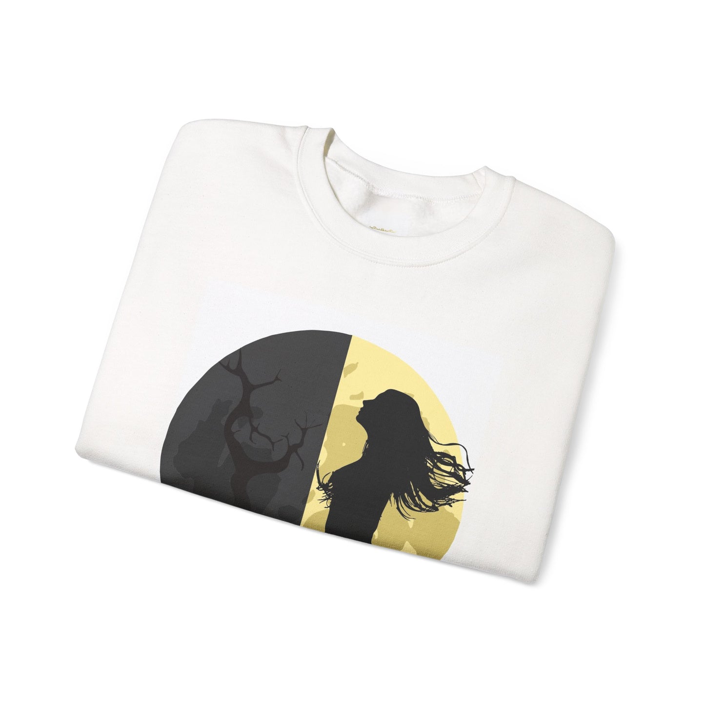 White sweatshirt with a black and gold design of a woman and deer on a white background
