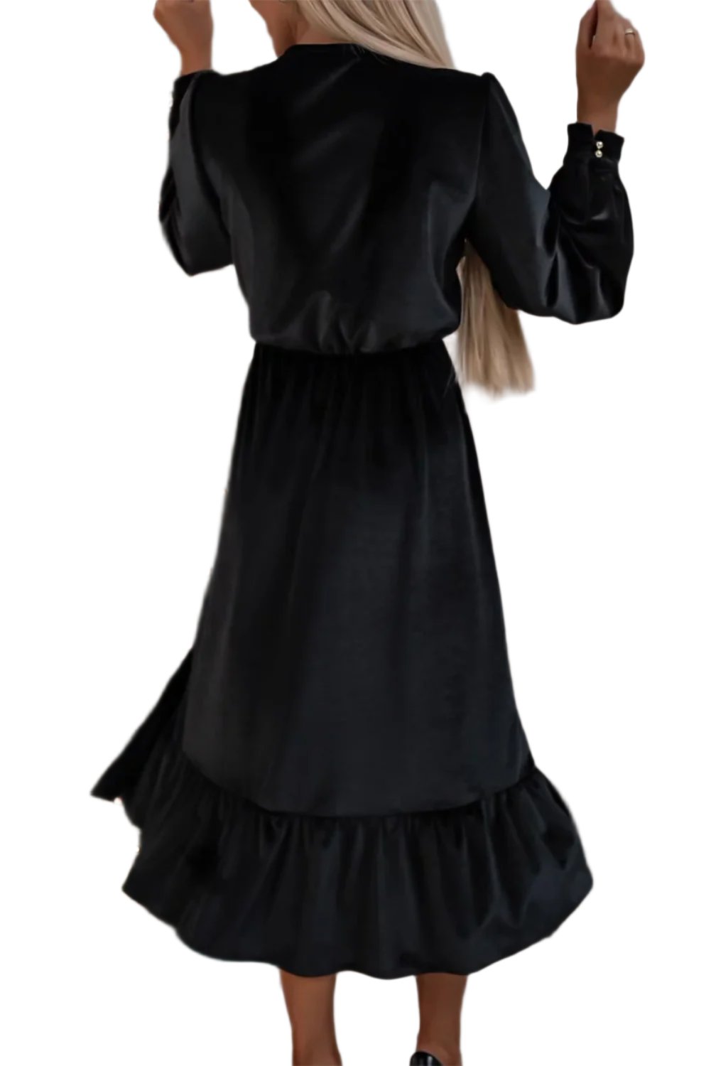 Elegant Woman Dress. Black Velvet Buttoned, V Neck dress, Split Midi Dress, Back side view