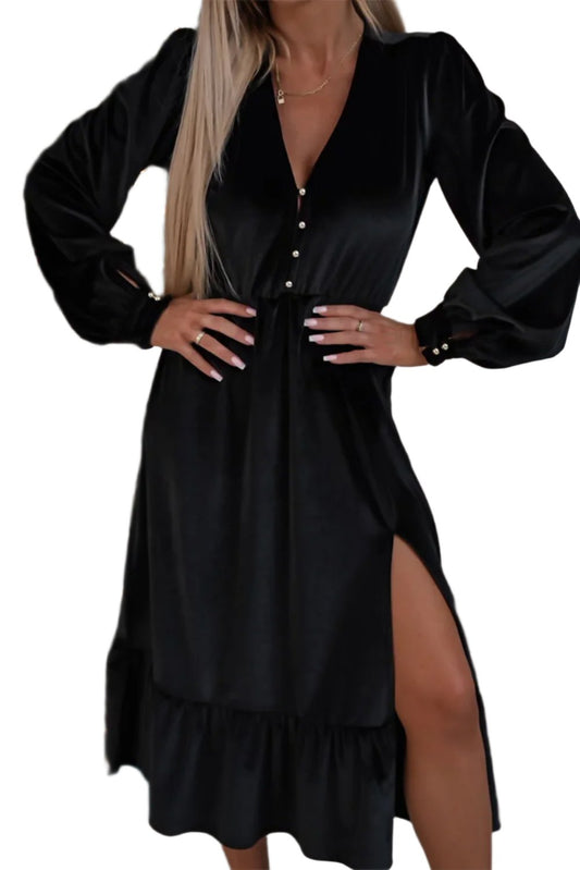 Elegant Woman Dress. Black Velvet Buttoned, V Neck dress, Split Midi Dress, front model view