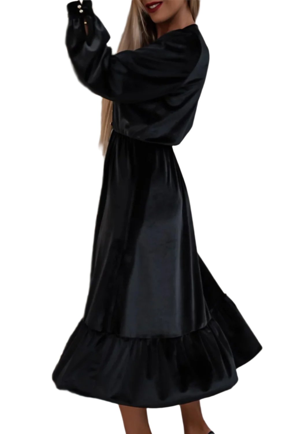 Elegant Woman Dress. Black Velvet Buttoned, V Neck dress, Split Midi Dress, side view