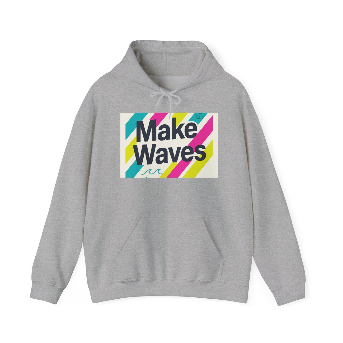 Gray hoodie with 'Make Waves' graphic on a white background
