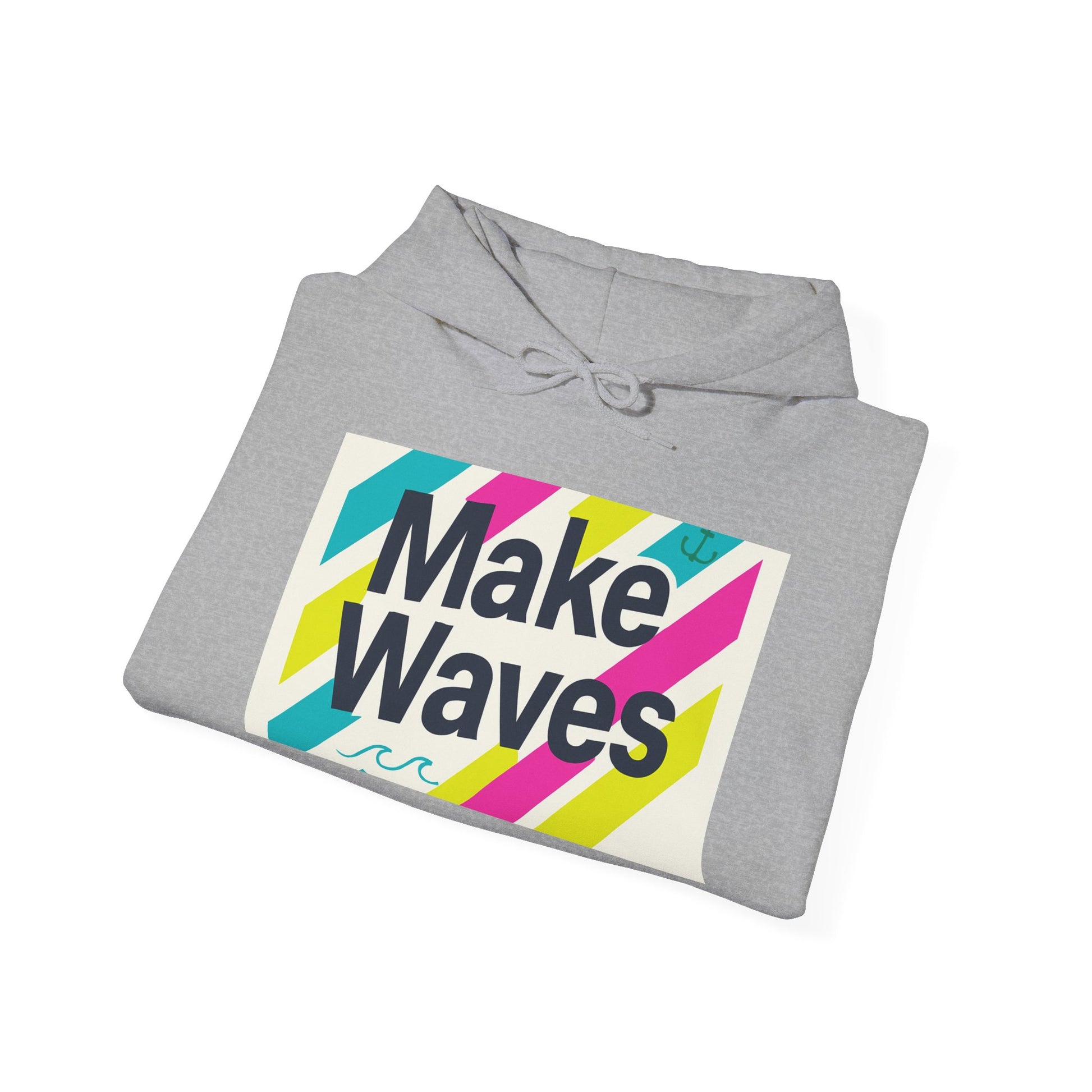 Gray hoodie with 'Make Waves' graphic on a white background