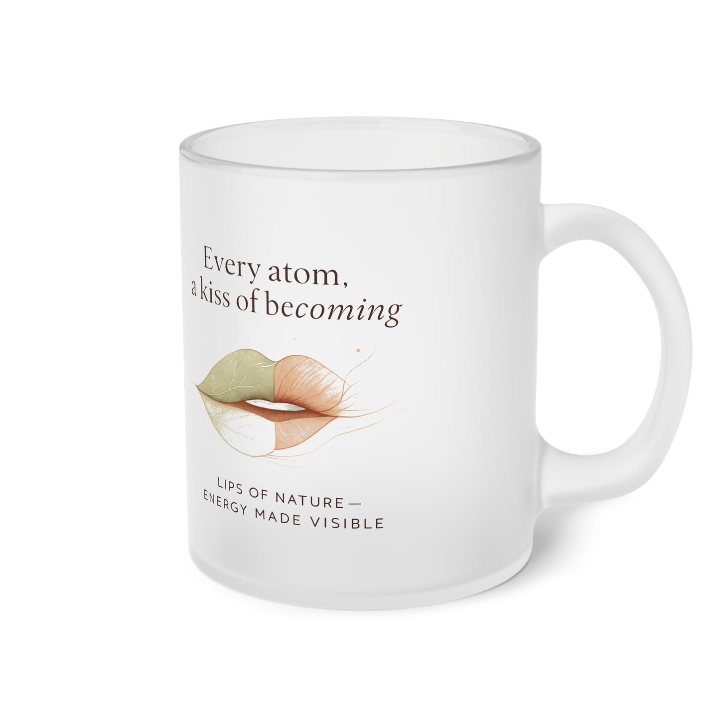 Mug with artistic depiction of lips and motivational quote on a white background
