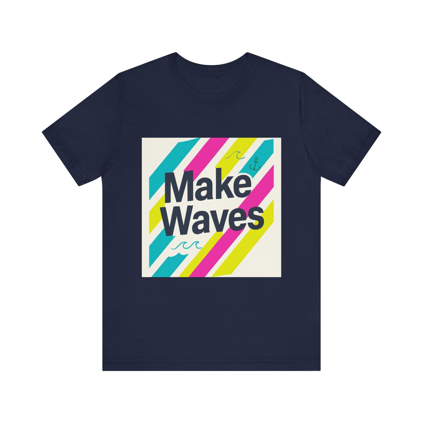 Navy Blue trendy t -shirt with text print and colourful lines, on white background