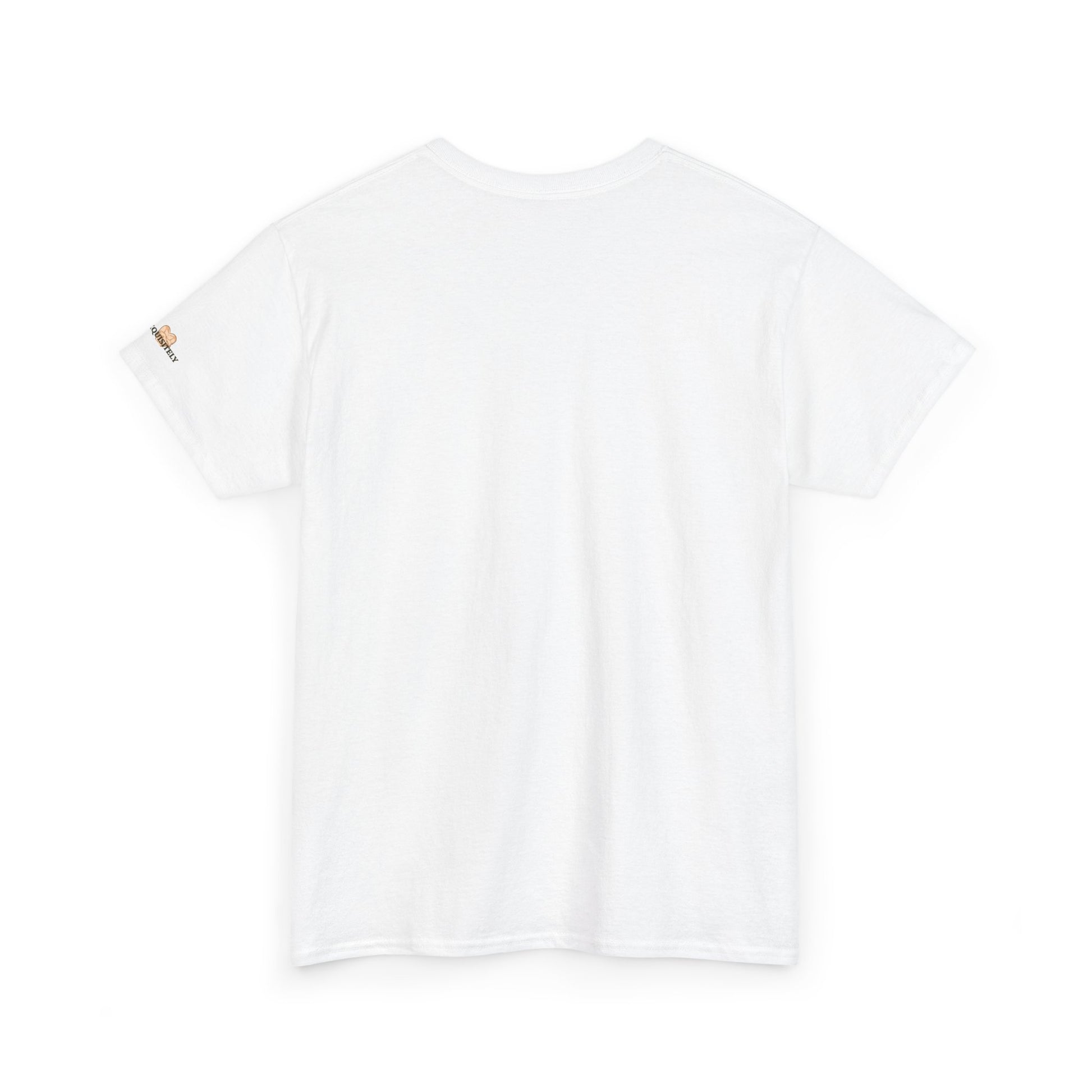 White t-shirt with a small logo on the back against a white background