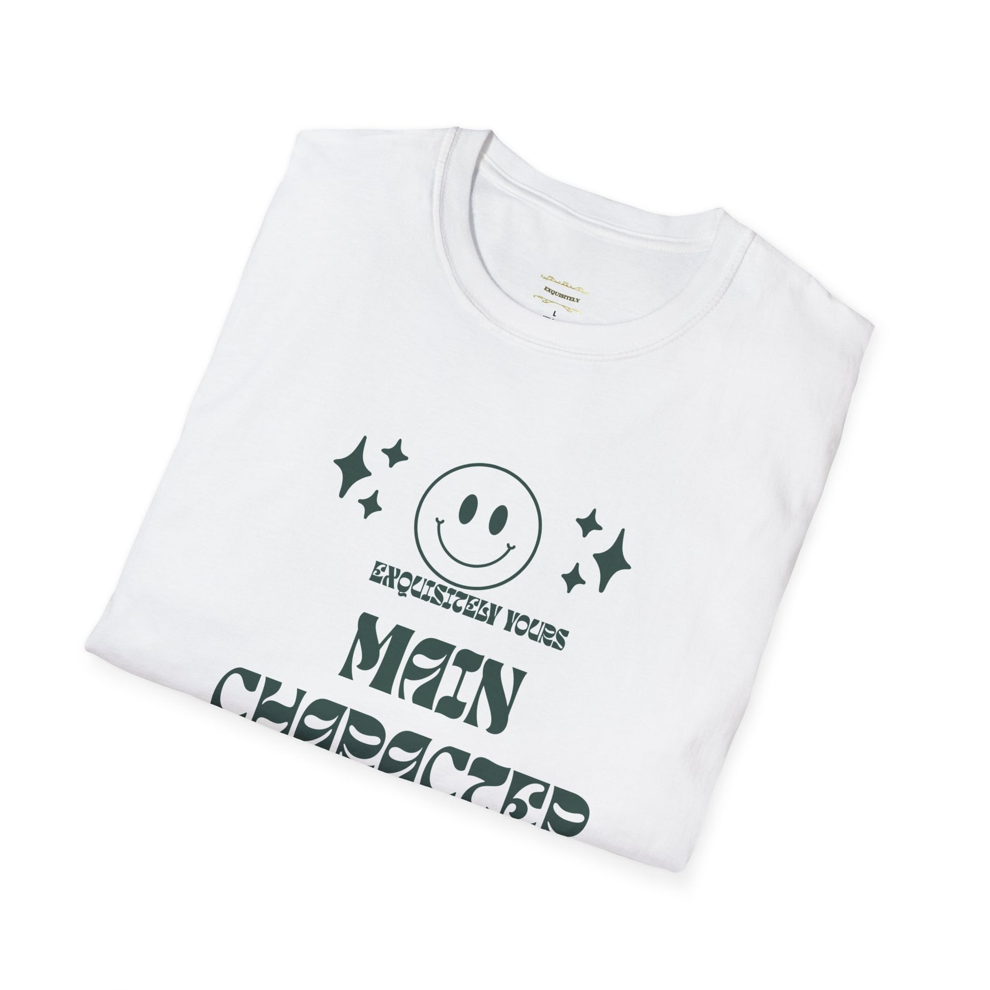 White t-shirt with green smiley face and text on a white background