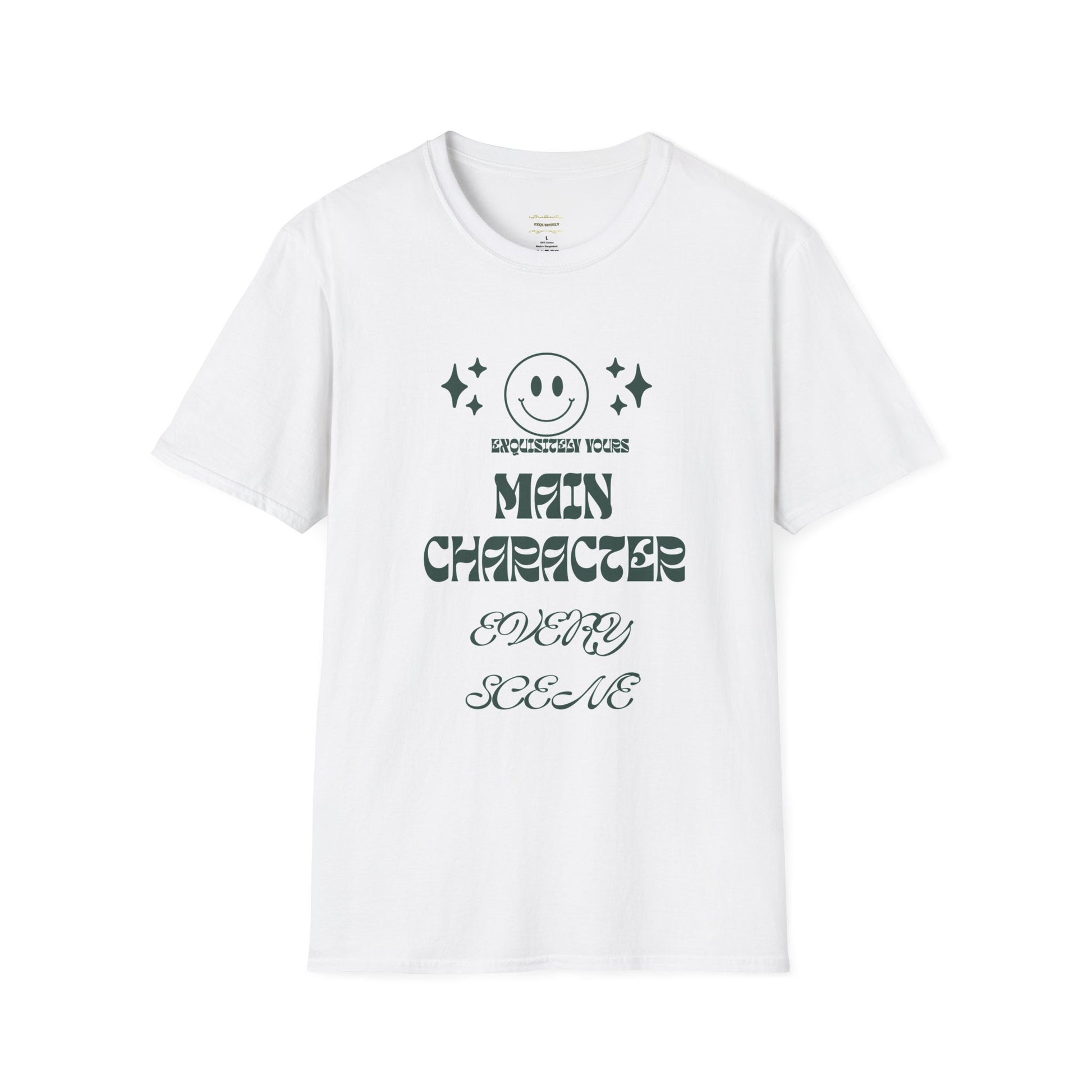 Personalised, Unisex Soft style T-Shirt, White colour Cotton T -shirt. Main character moment slogan. Front view