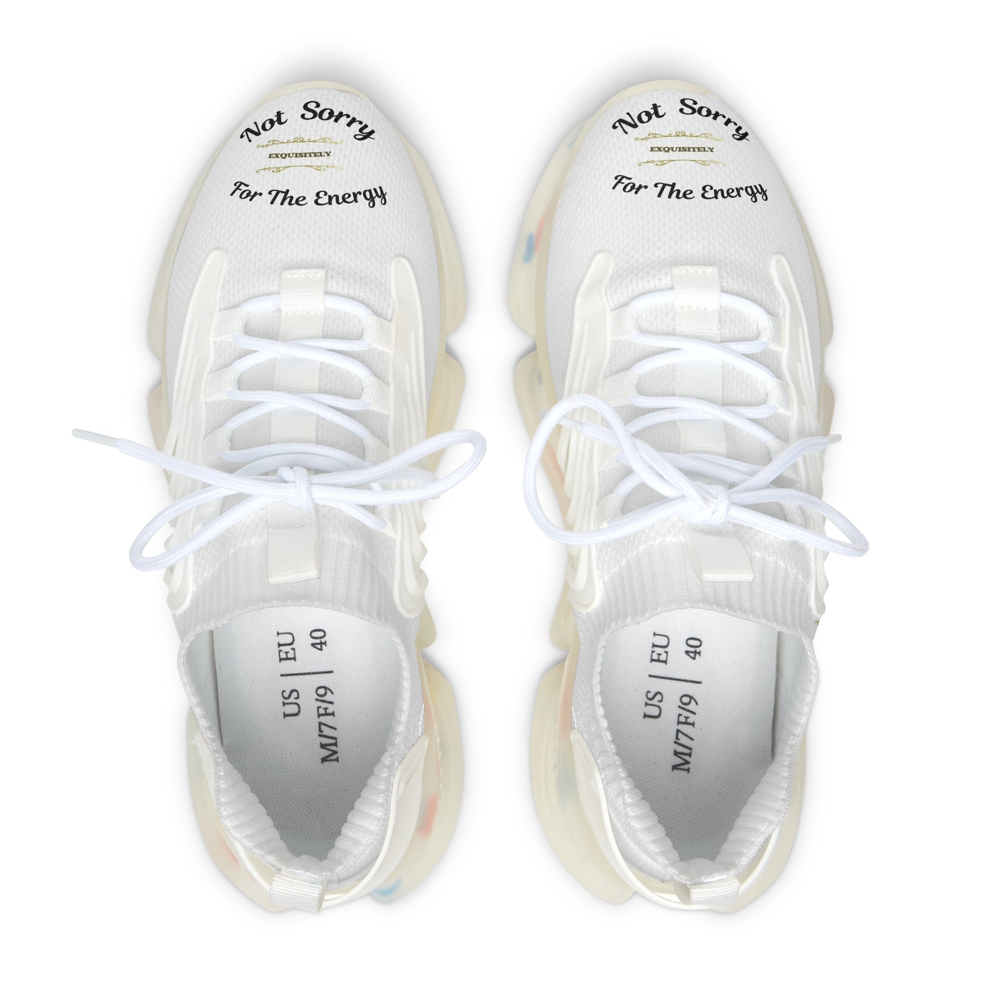 White sneakers with text on a white background