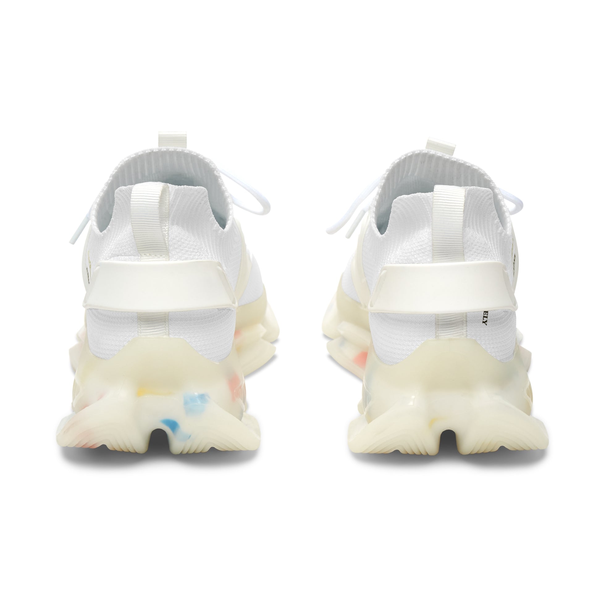 White sneakers with a unique sole design on a white background
