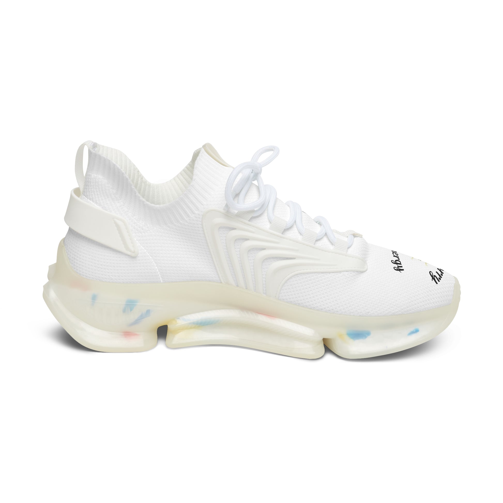 White sneaker with a unique sole design on a white background