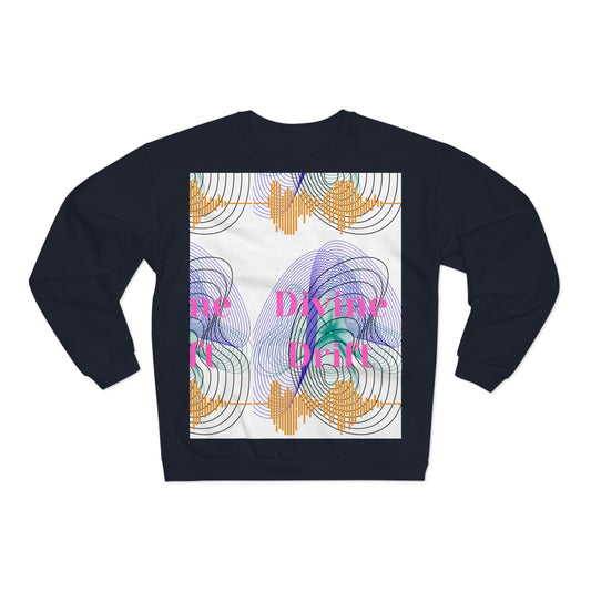 Black sweatshirt with a colorful graphic design on a white background