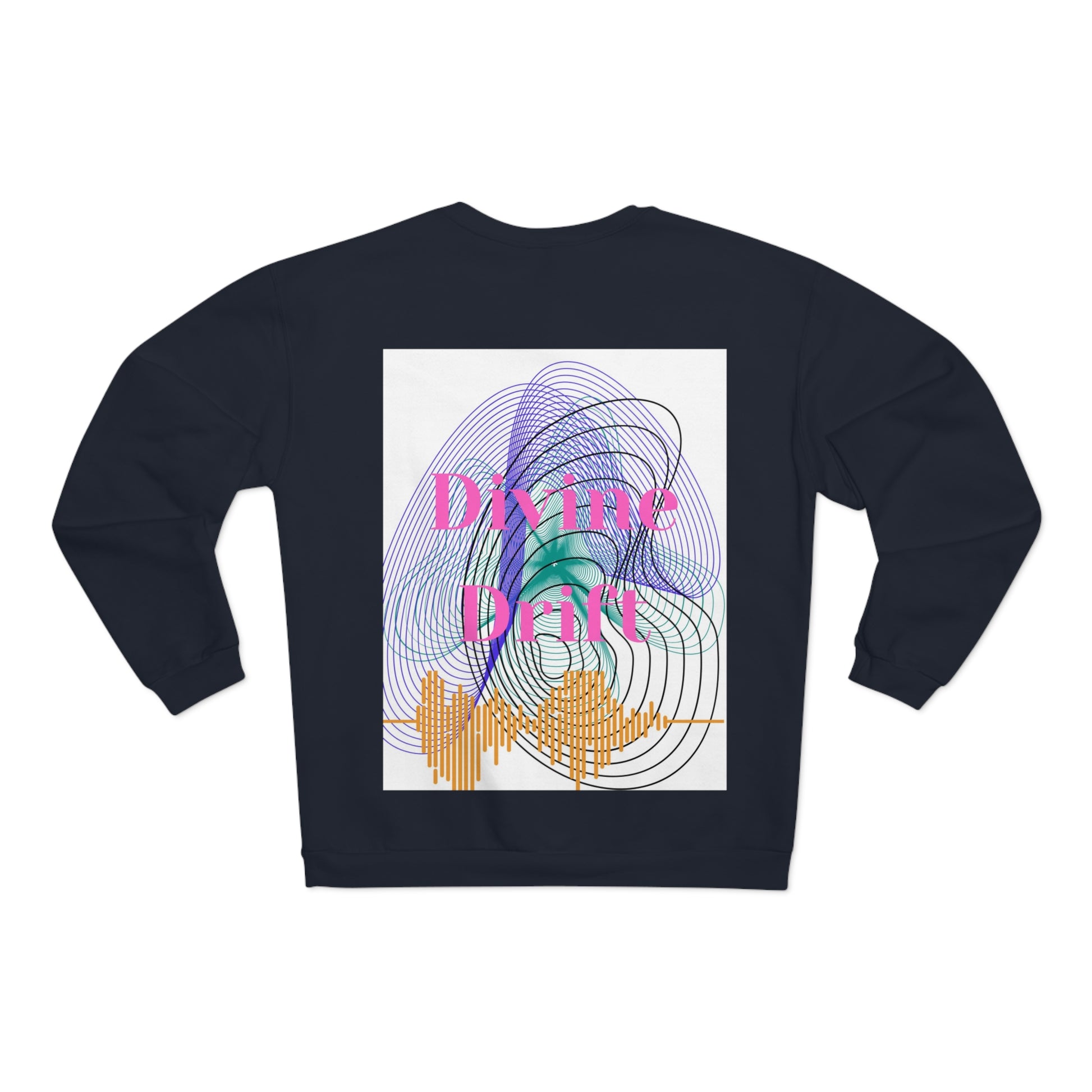 Black sweatshirt with colorful design and text on a white background
