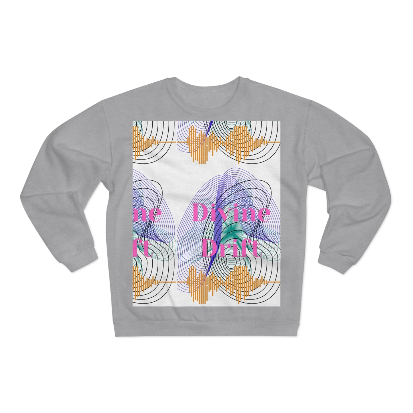 Gray sweatshirt with colorful abstract design and text on a white background