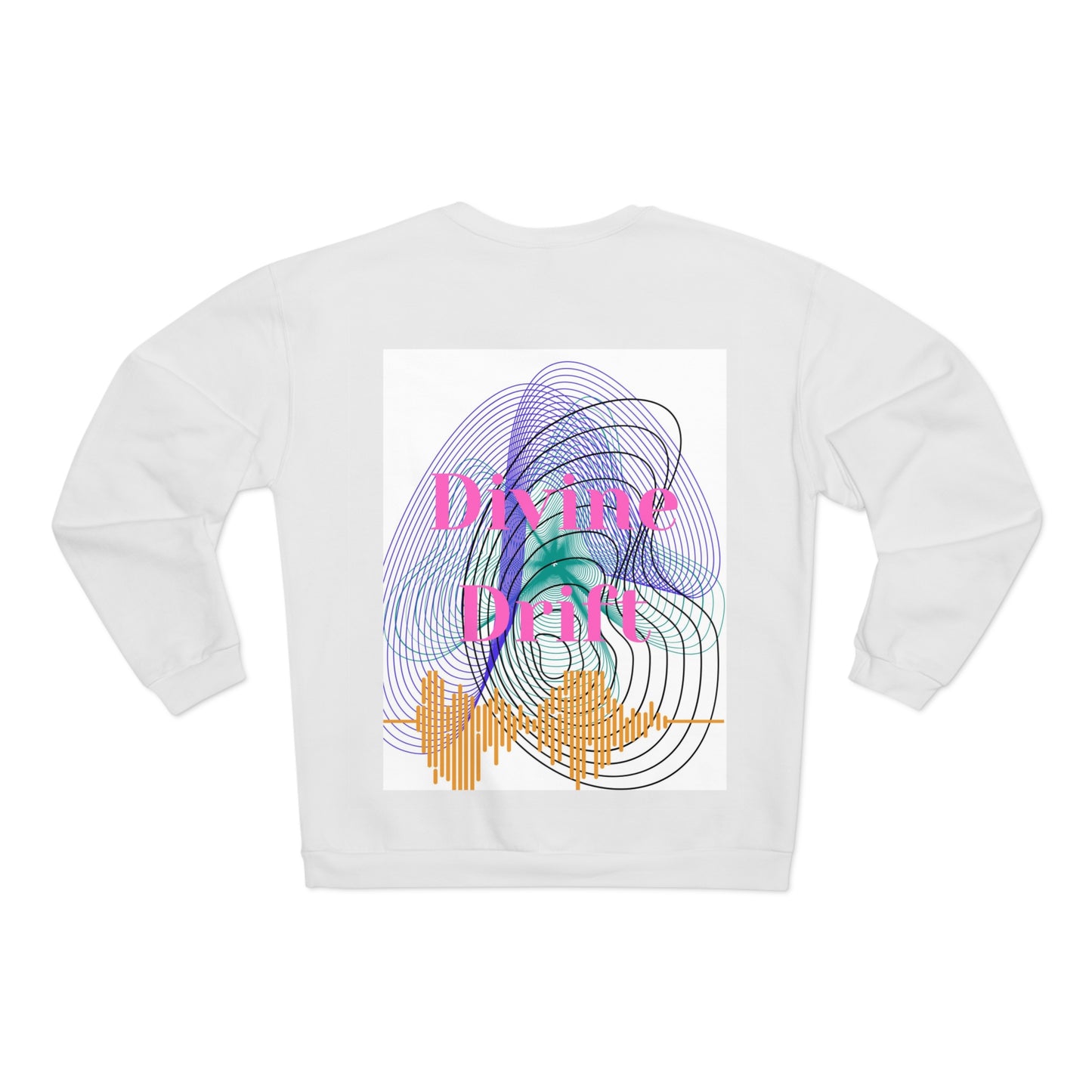White sweatshirt with colorful graphic design on a white background