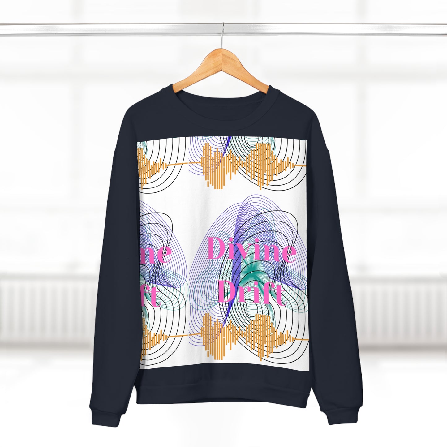 Navy blue sweatshirt with colorful abstract design and text on a white background