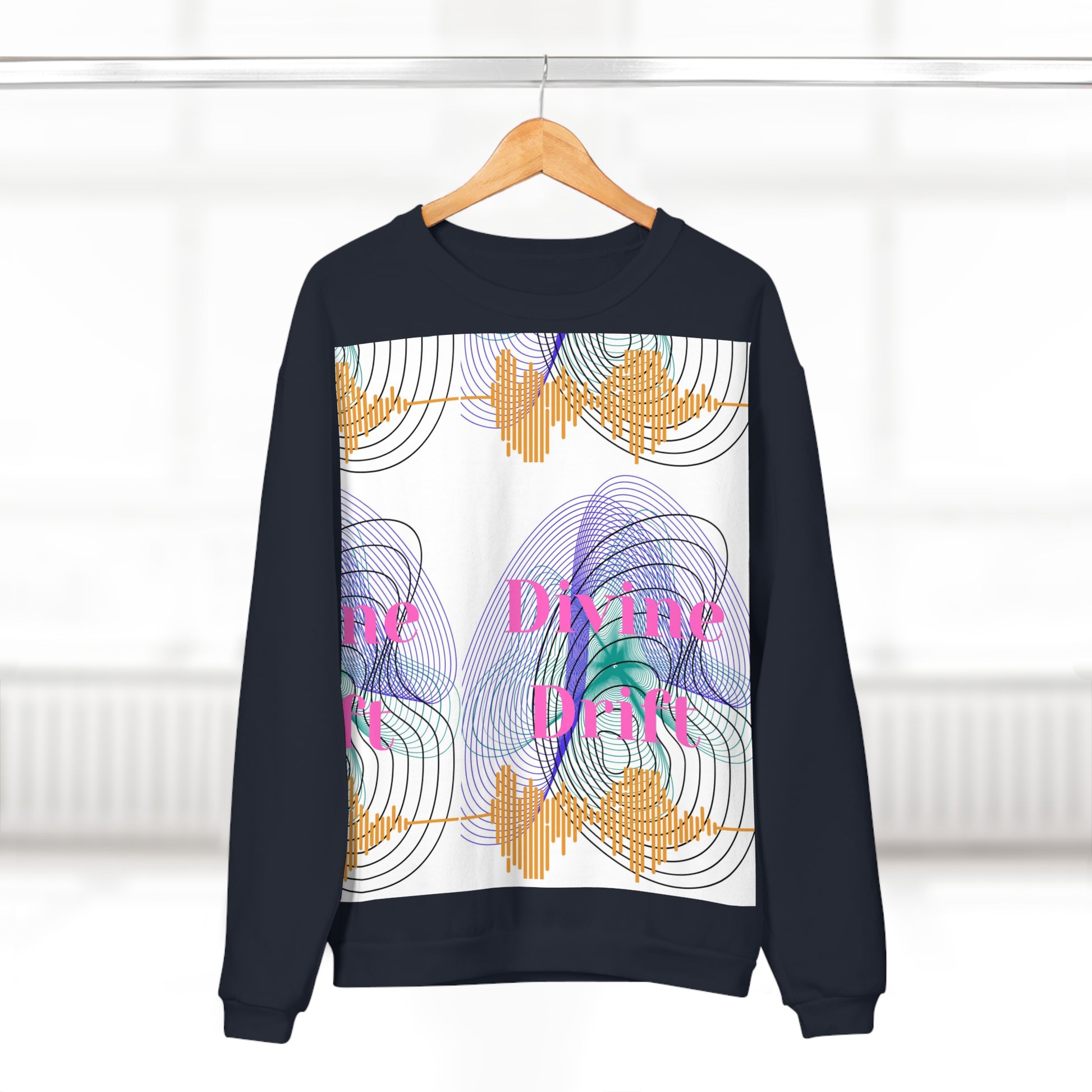 Navy blue sweatshirt with colorful abstract design and text on a white background
