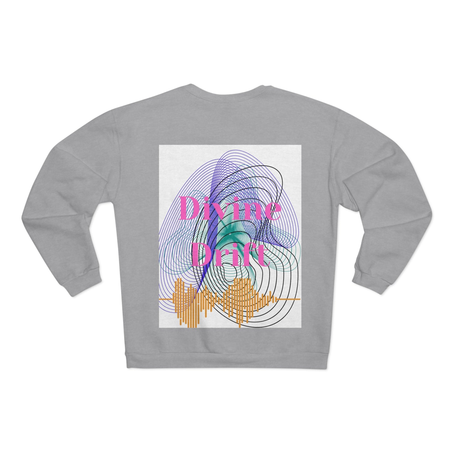 Gray sweatshirt with a colorful graphic design on a white background
