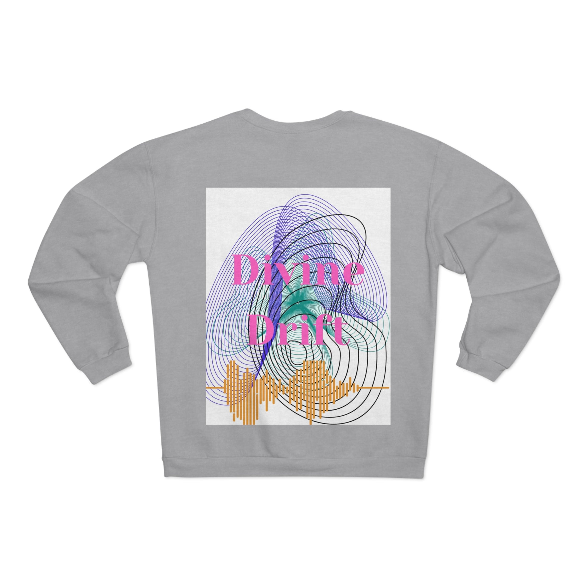 Gray sweatshirt with a colorful graphic design on a white background