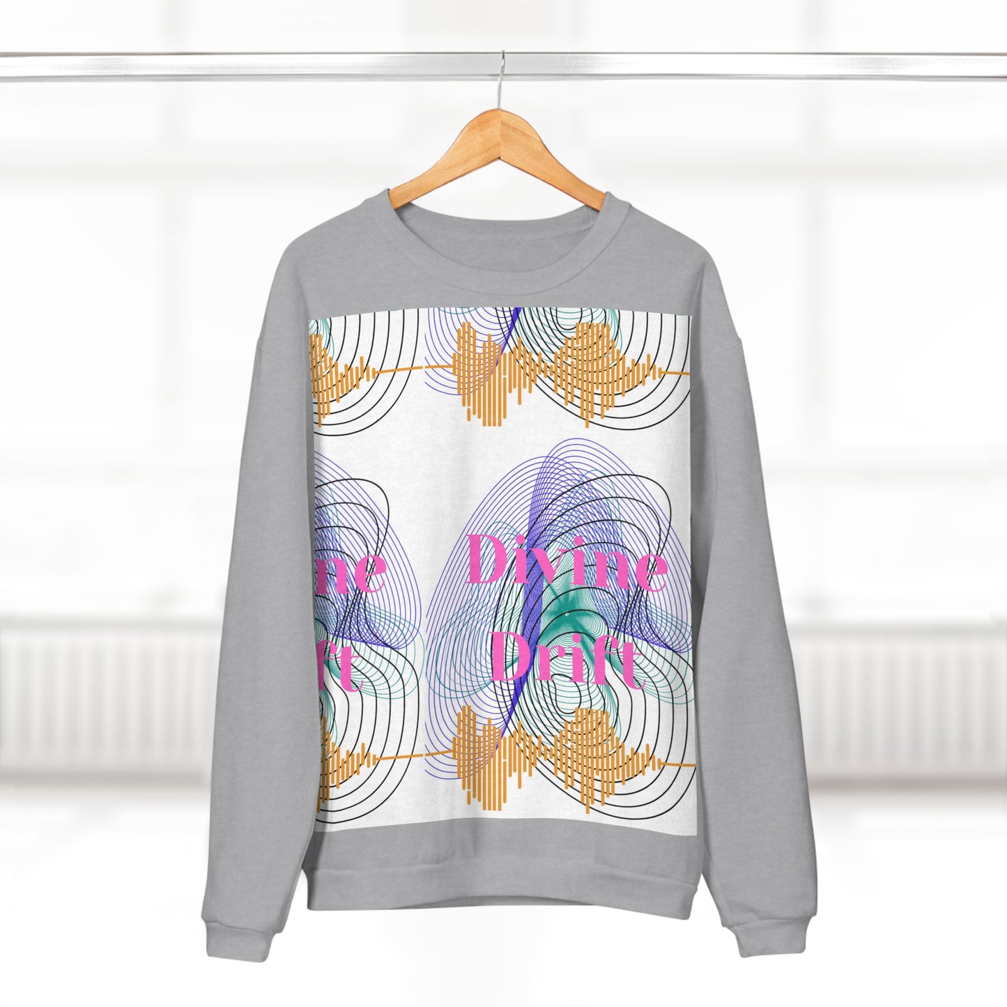 Gray sweatshirt with colorful design and text on a hanger against a white background