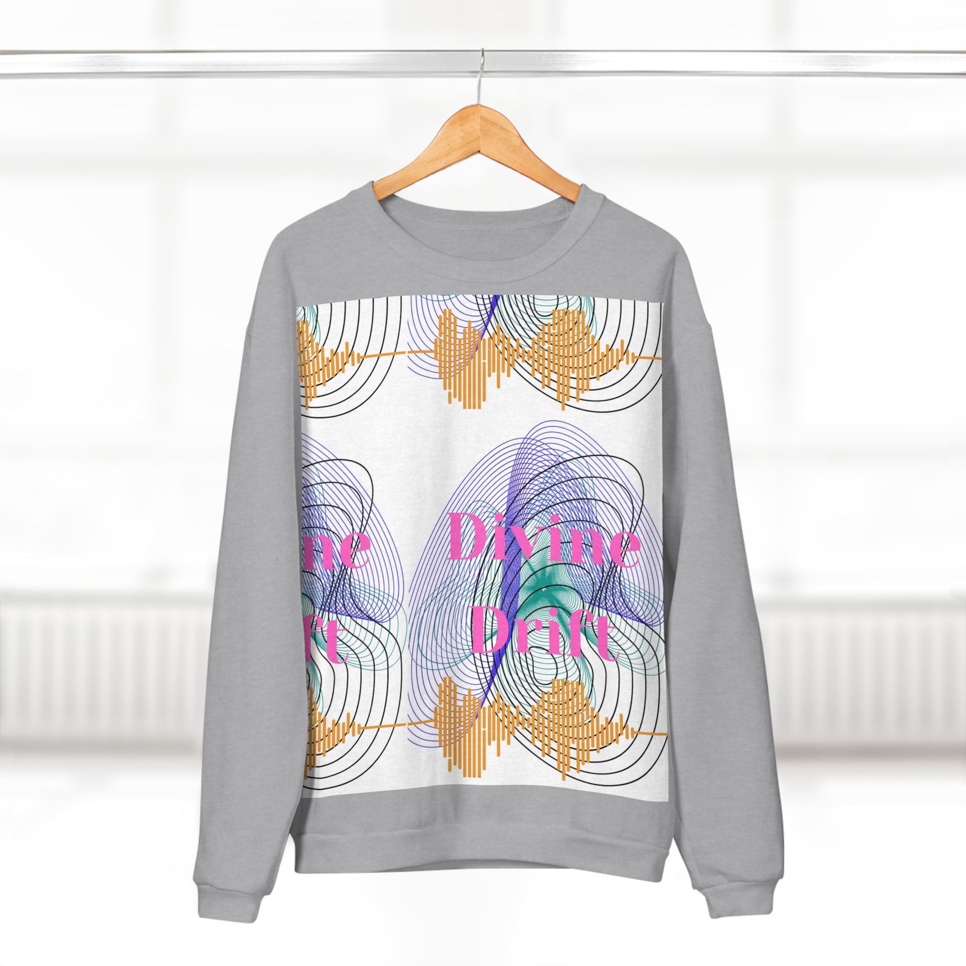 Gray sweatshirt with colorful design and text on a hanger against a white background