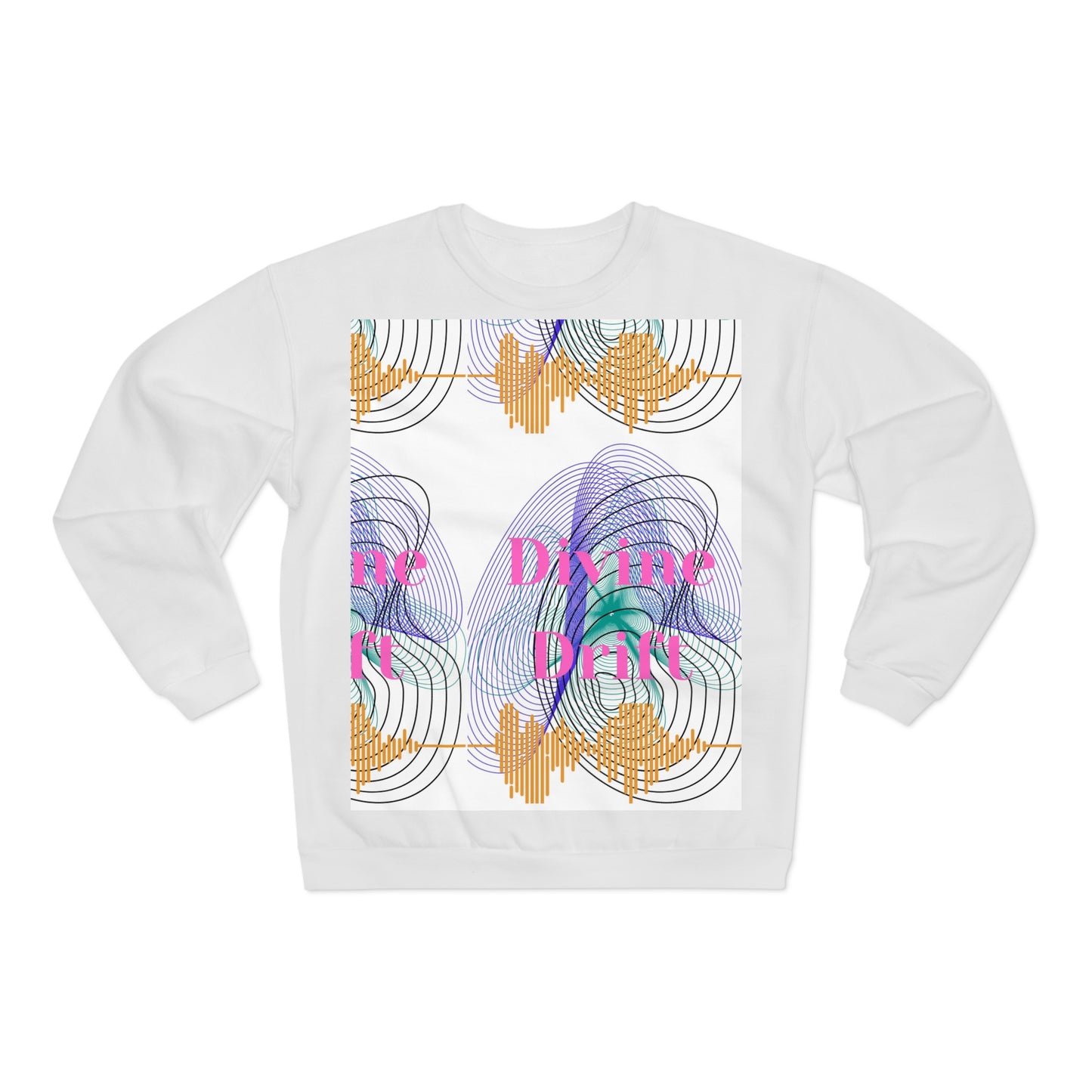 White sweatshirt with colorful abstract design and text on a white background