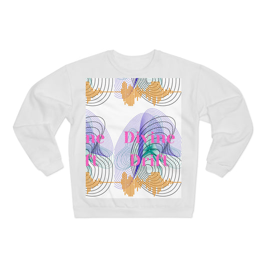 White sweatshirt with colorful abstract design and text on a white background
